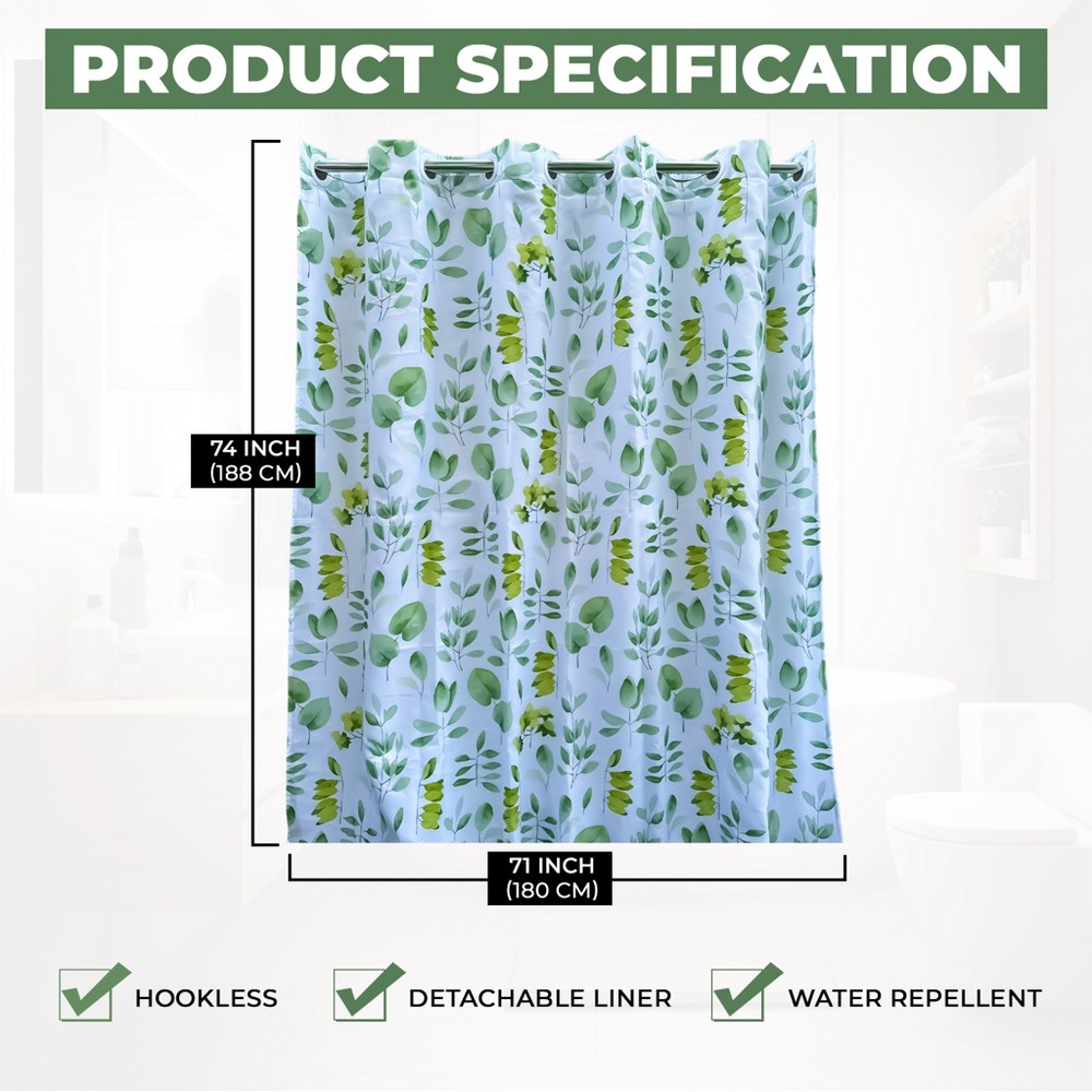 No Hooks Needed Botanical Shower Curtain with Snap-In Liner Washable Waterproof - Picture 4 of 7